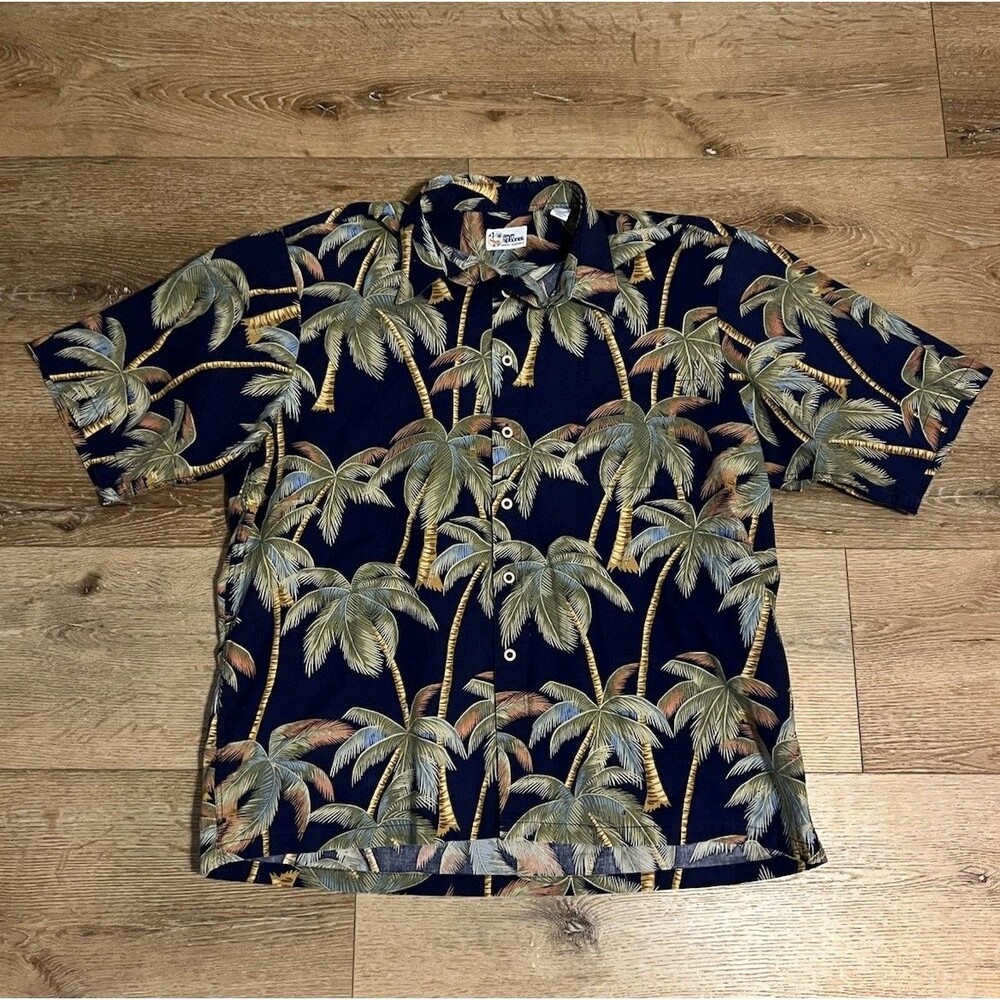 Reyn Spooner Mens Black Short Sleeve Button Up Shirt Palm Trees Size XL